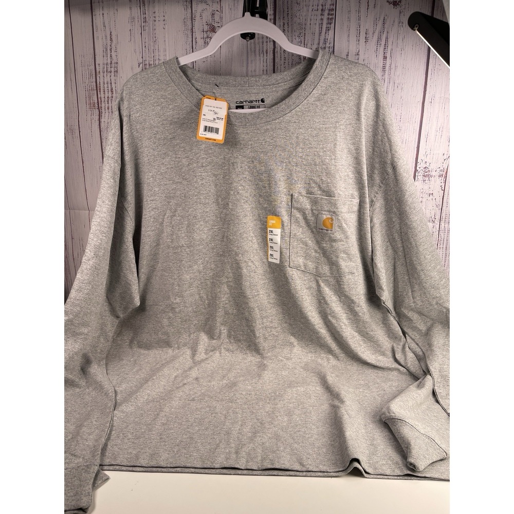 Carhartt T-Shirt Mens Sz 2XL Gray Long Sleeve Loose Fit Pocket Graphic Logo NWT